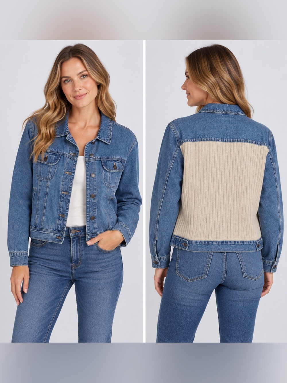 J. Jill | Denim Jacket with Cream Knit Back Panel | Size PL in EUC | Fall Layer